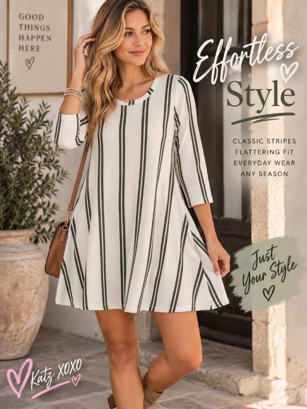 Striped Swing Dress Small Ivory Olive Green A Line 3/4 Sleeve Modern Preppy Mini